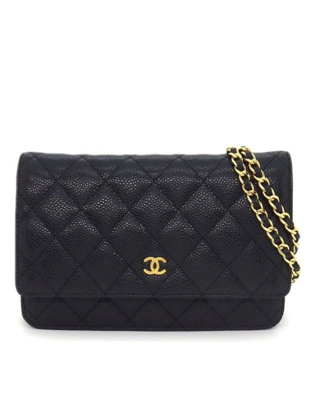 Chanel Shoulder Bag Quilted Classic Chain Wallet Black Caviar Leather Gold